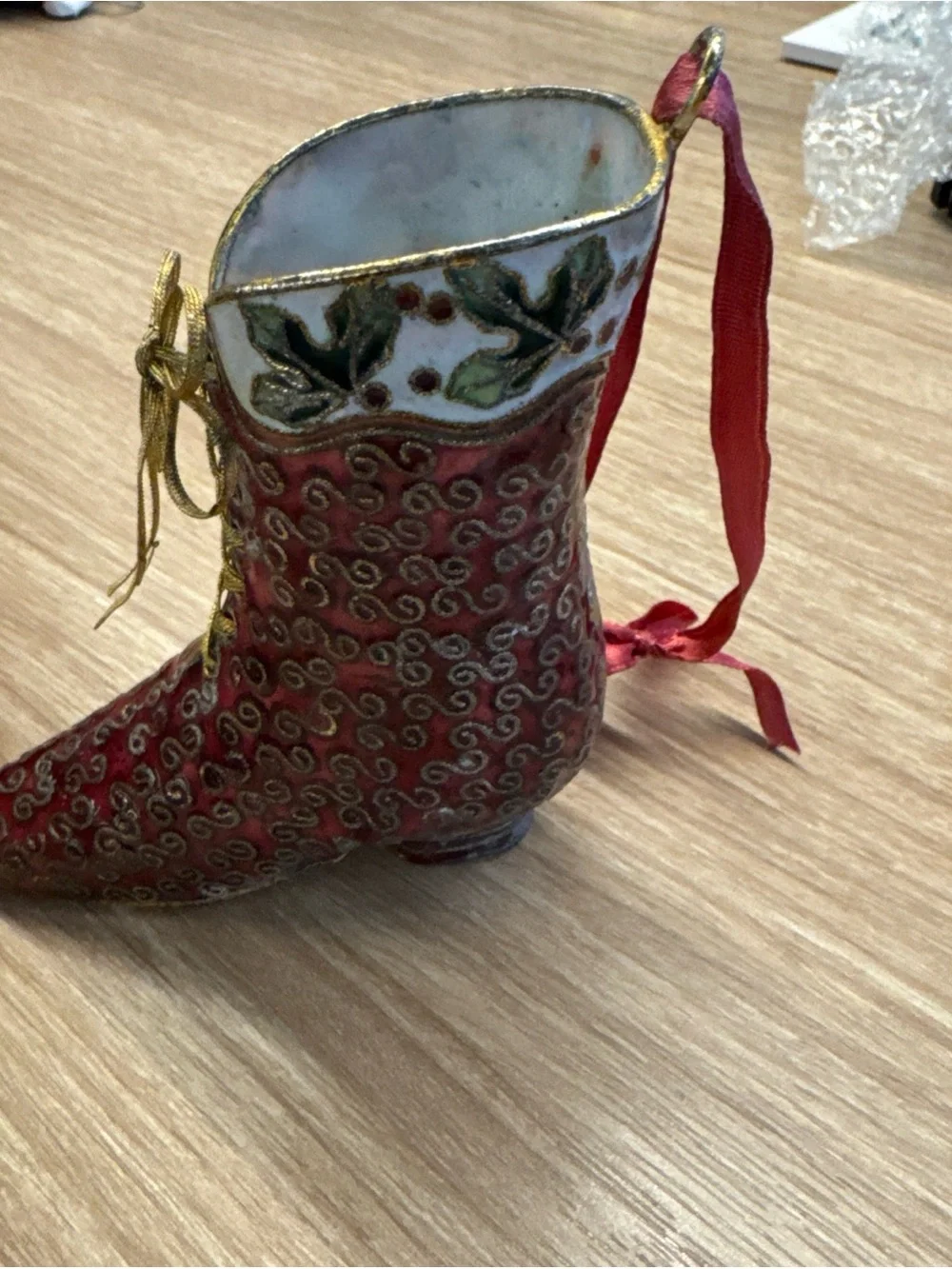 Vintage Cloisonné  Boot Holiday Ornament with Gold bow 4”